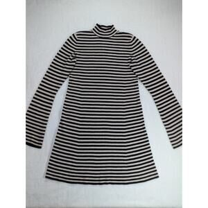 Express Size L Black & White Striped Knit Mock Neck Long Bell Sleeve Mini Dress